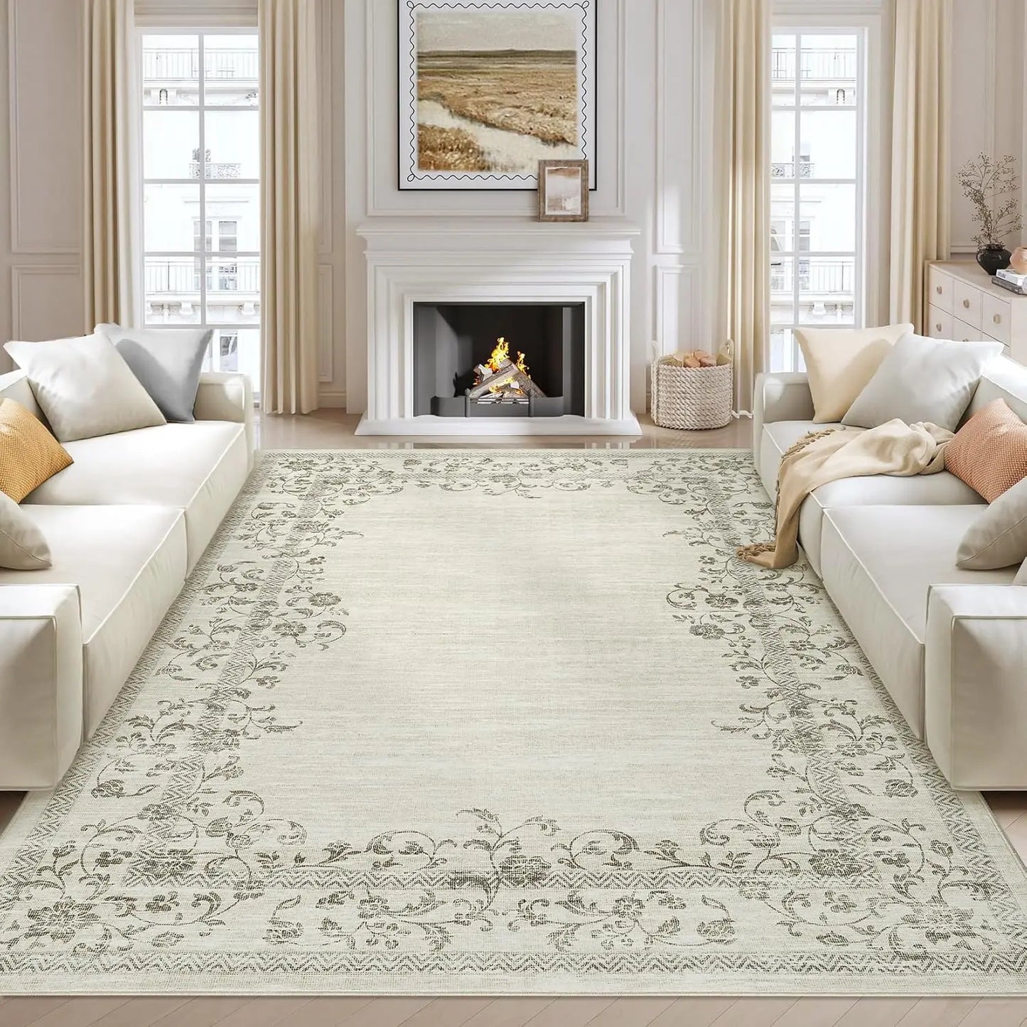 HiMIS Washable Area Rug Floral Border for Living Room
