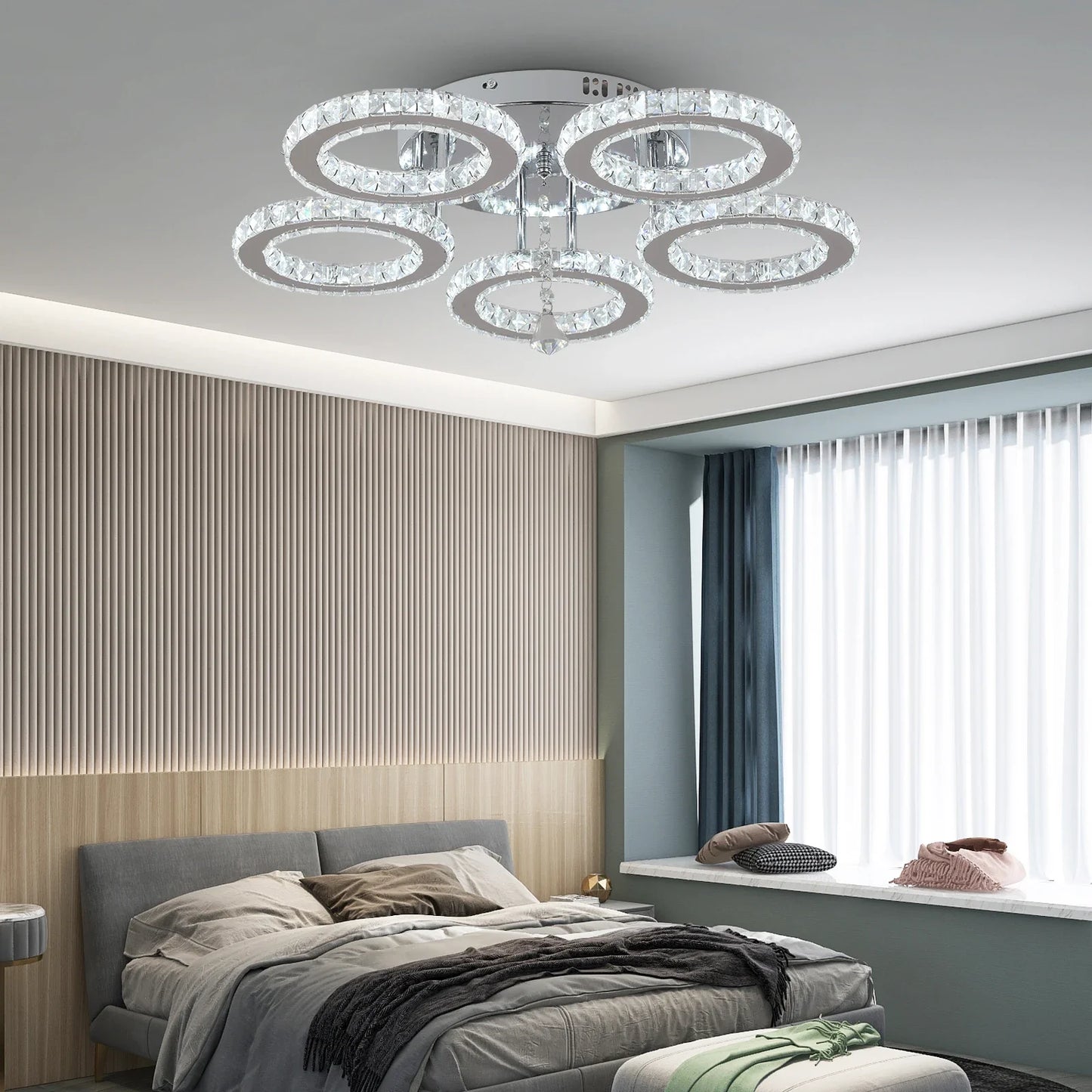 GreeLustr K9 Crystal Chandelier Three Ring Stainless Steel