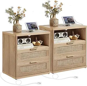 MKDK Rattan Nightstands Set Of 2 With Charger Station