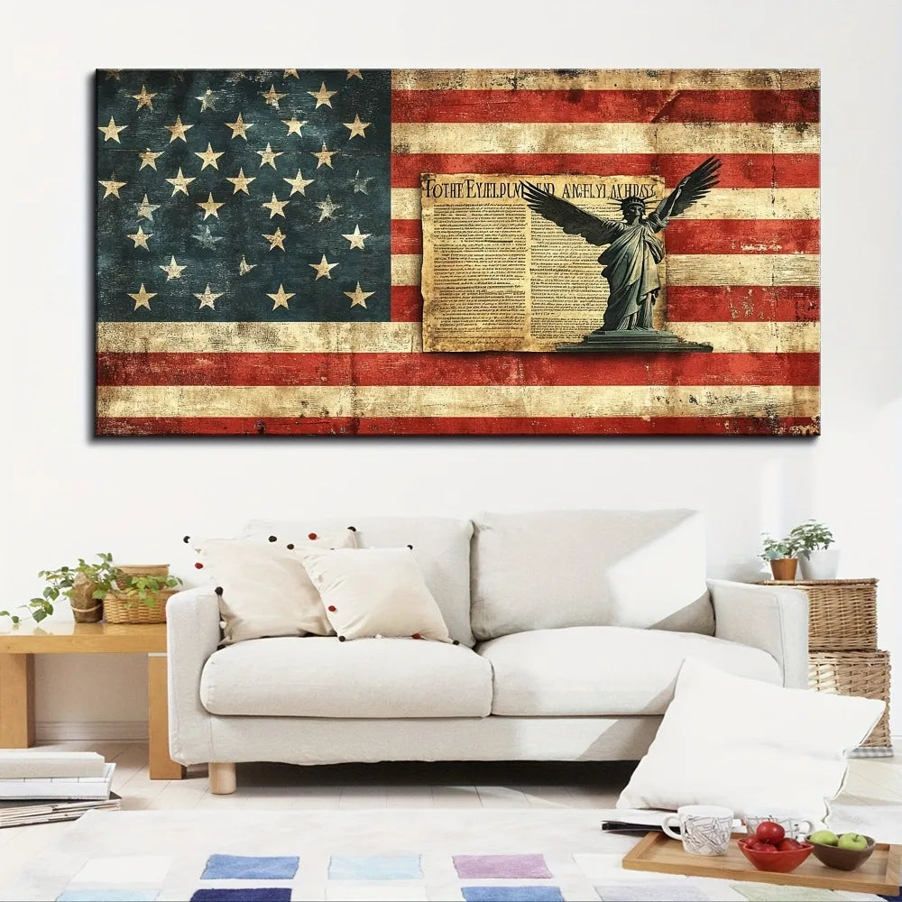 Hign-concerned Pine Wood Frame American Flag Canvas Mural