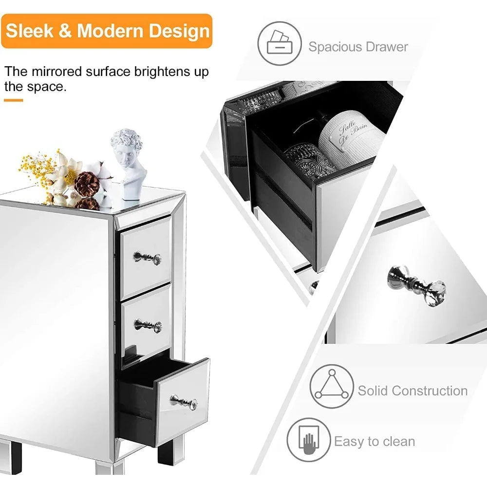 Mirrored Nightstand Set Of 2 With 3 Drawers For Bedroom