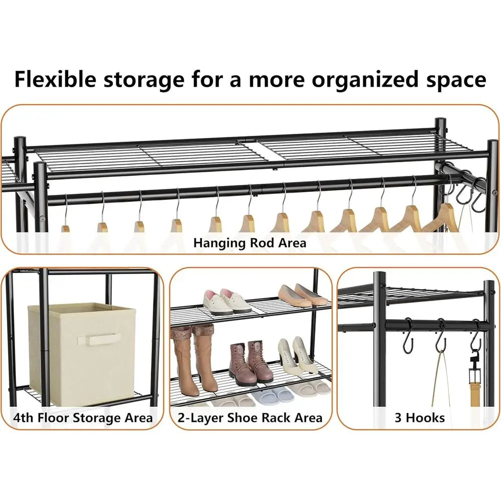 4 Tier Portable Clothes Rack With Hanging Rod For Home