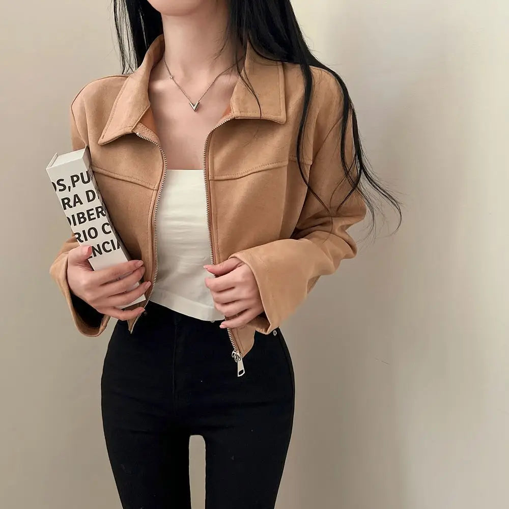 Autumn Women Zipper Jacket Lapel Long Sleeve Casual Outerwear