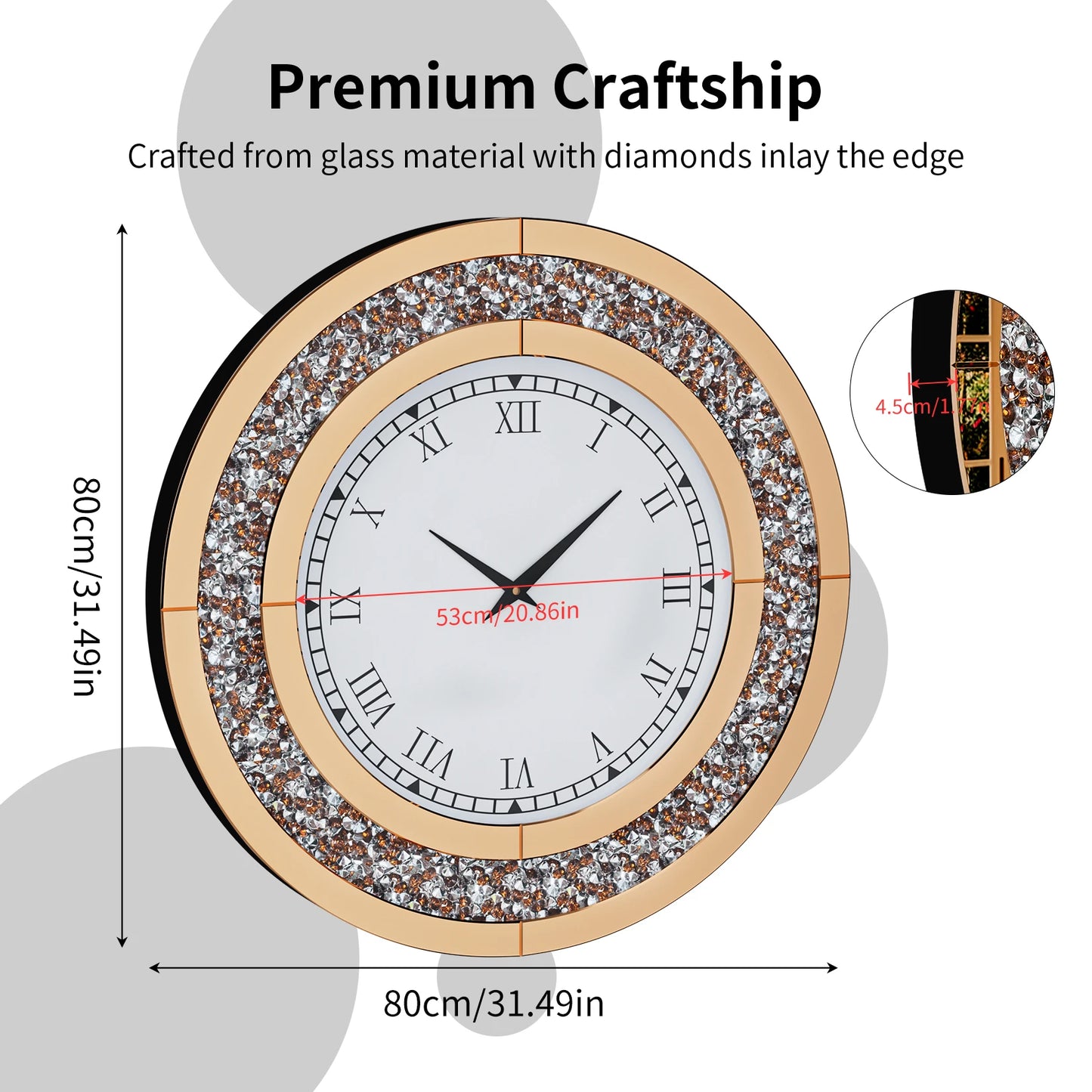 Combination Bling Silver Round Mirror Clock Glam Home Decor