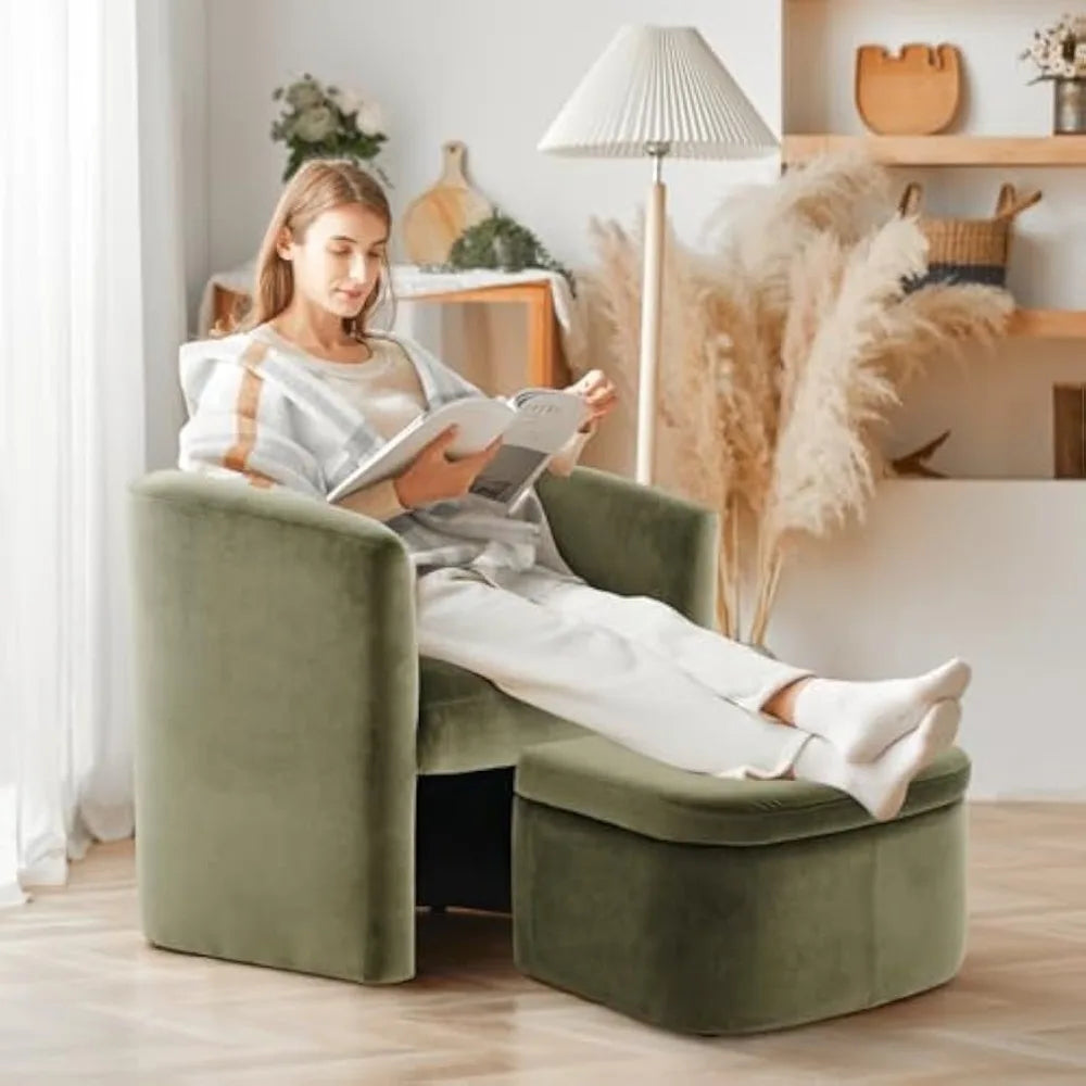Upholstered Velvet Barrel Accent Chair With Storage Ottoman