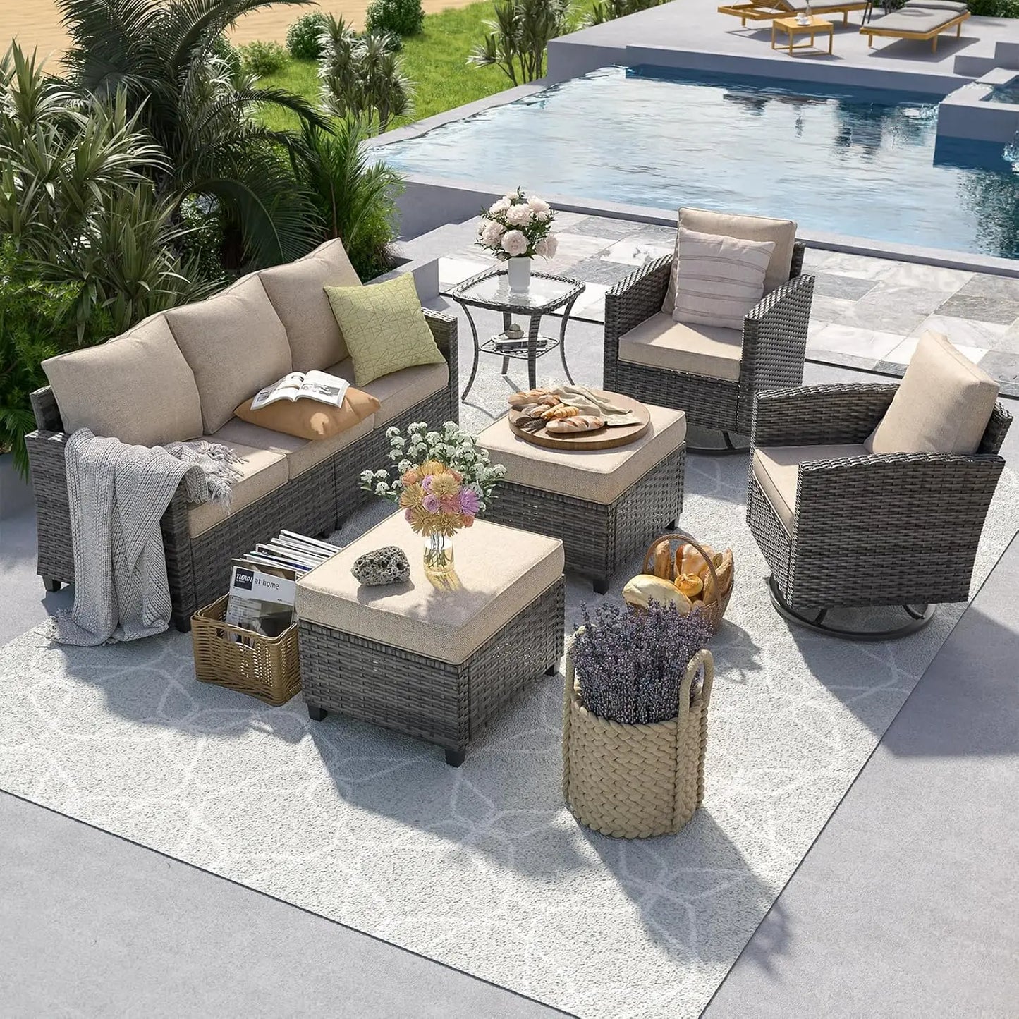 PE Rattan Sectional Sofa Set Swivel Chair Side Table