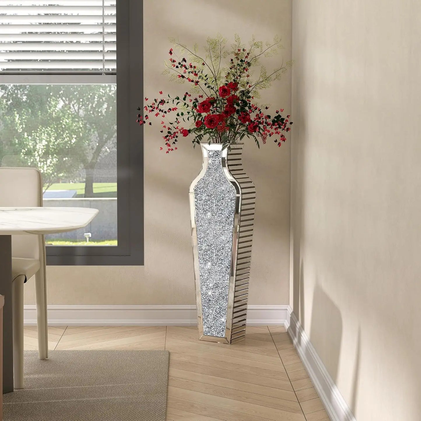 Function Crushed Diamond Mirrored Floor Vase Crystal Glass