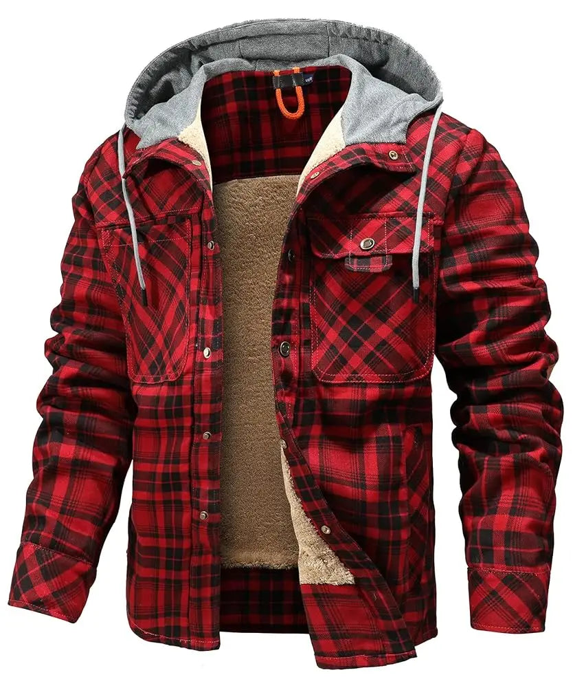 Fujian Mens Winter Hooded Coat Sherpa Lined Plaid Flannel Jacket