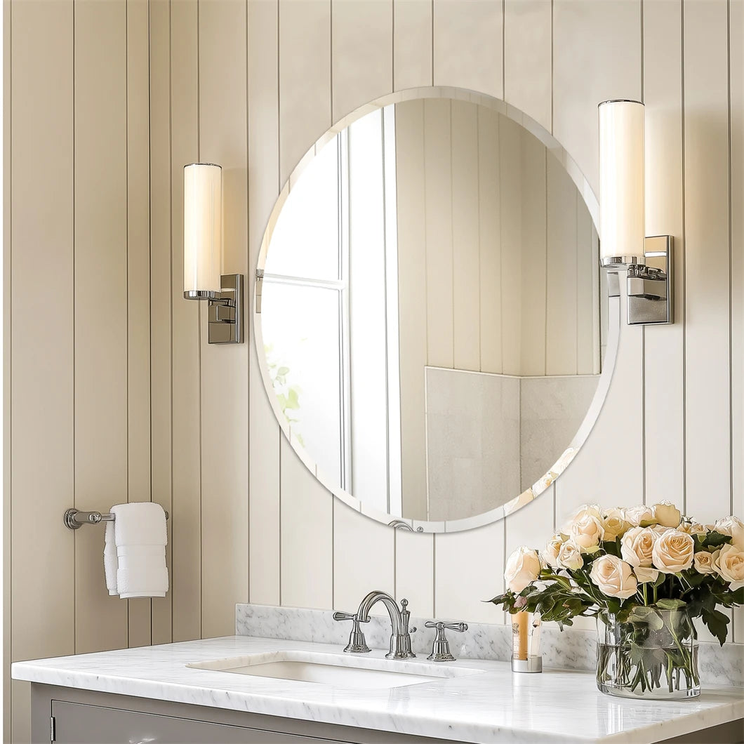 BORWART Round Wall Mirror Frameless Beveled Edge Bathroom