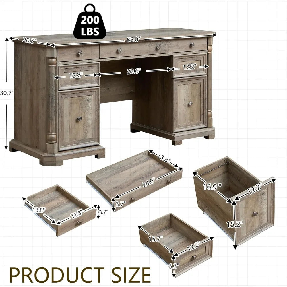 RBXC Wood Executive Desk With 7 Drawers Farmhouse Office