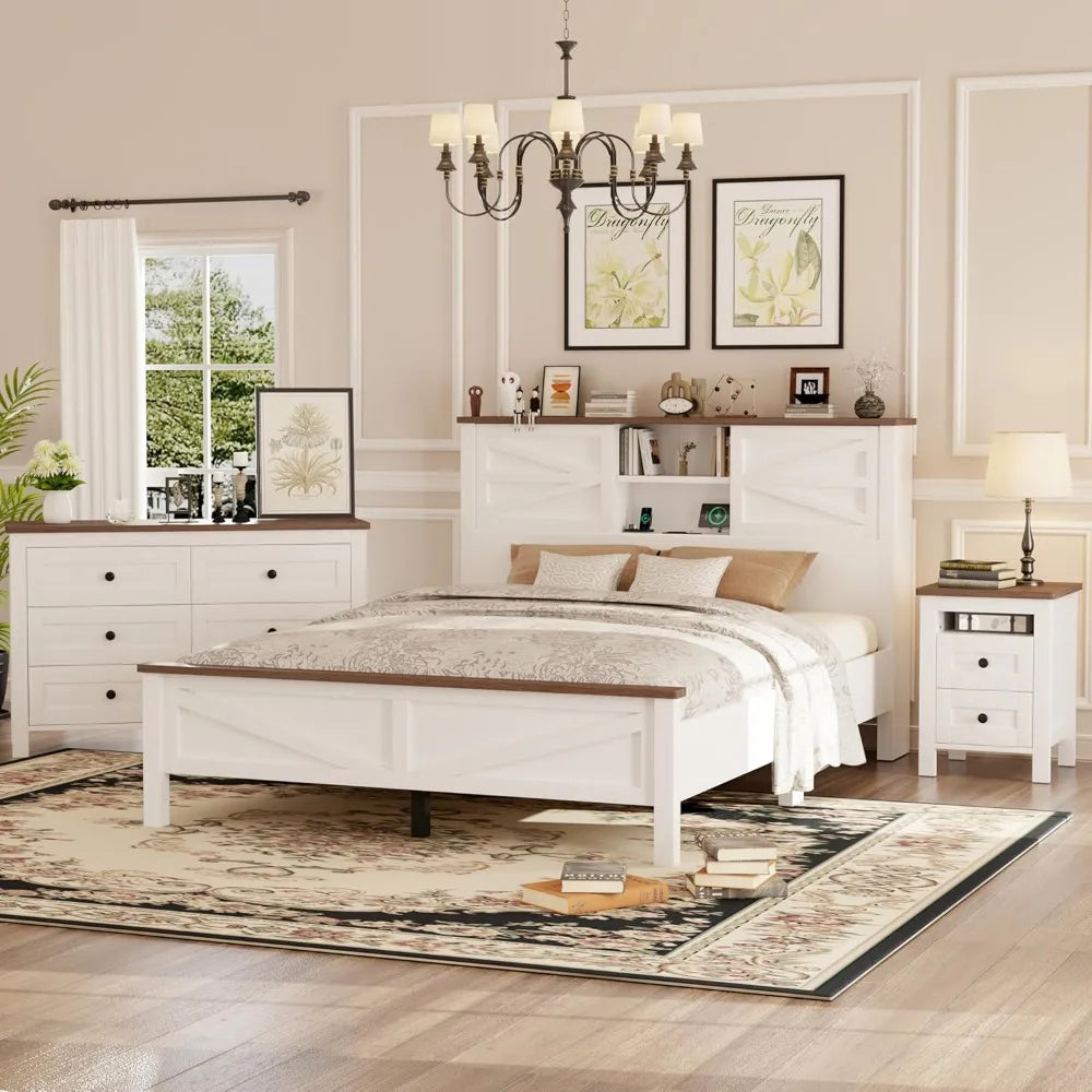 RBXC Farmhouse 3 Piece Bedroom Platform Bed With Storage