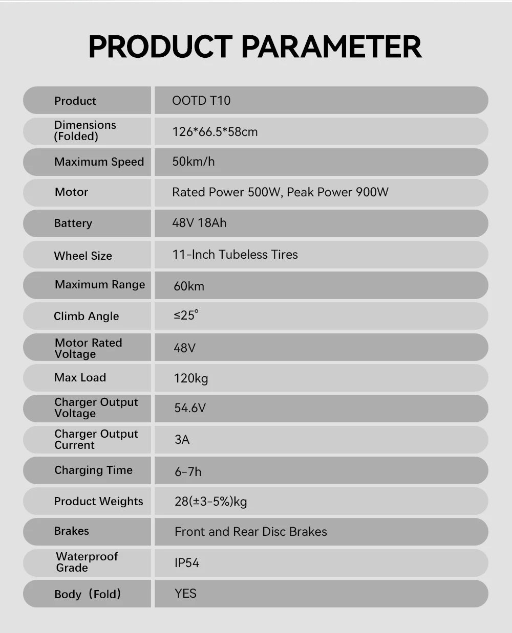 OOTD T10 Foldable Electric Scooter 900W Motor 18Ah Battery 45-60km Range