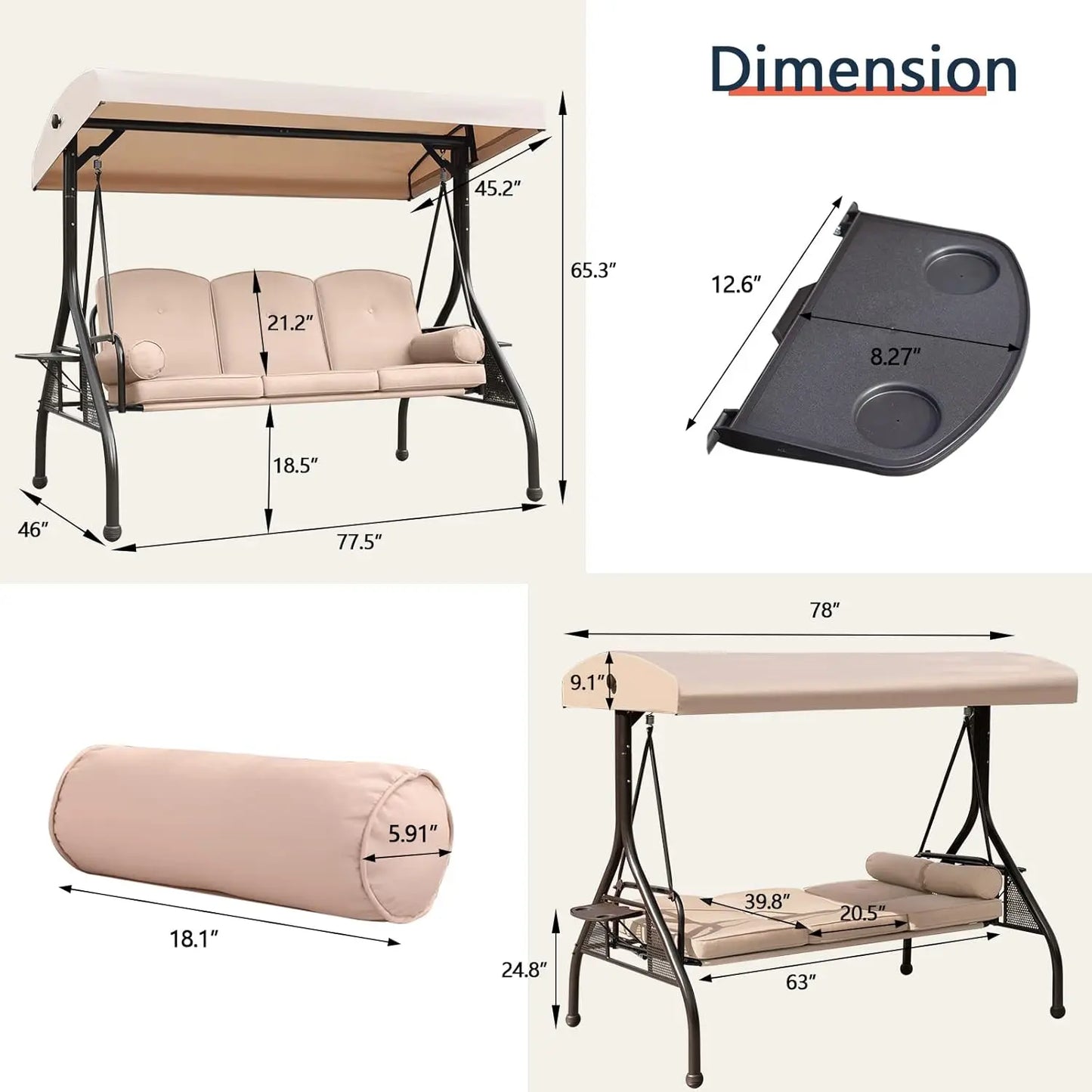 XMSJ Patio 3 Seat Outdoor Swing With Adjustable Canopy