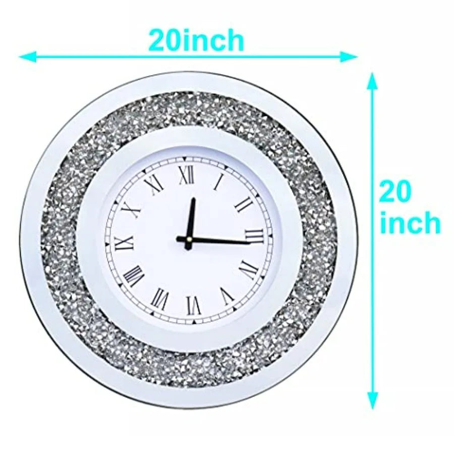 Silver Round Mirror Clock Crystal Sparkle Wall Decor