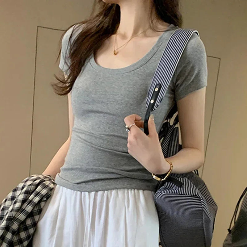 CN Guangdong Womens Cotton O Neck TShirt Slim Fit Top