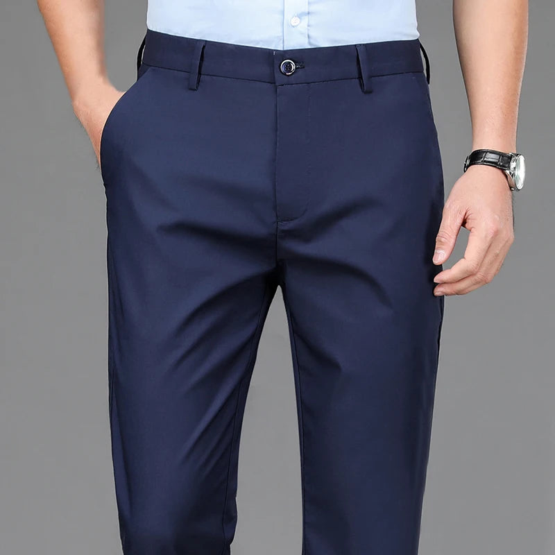 Mens Stretch Trousers Korean Straight Leg Office Quick Dry Pants