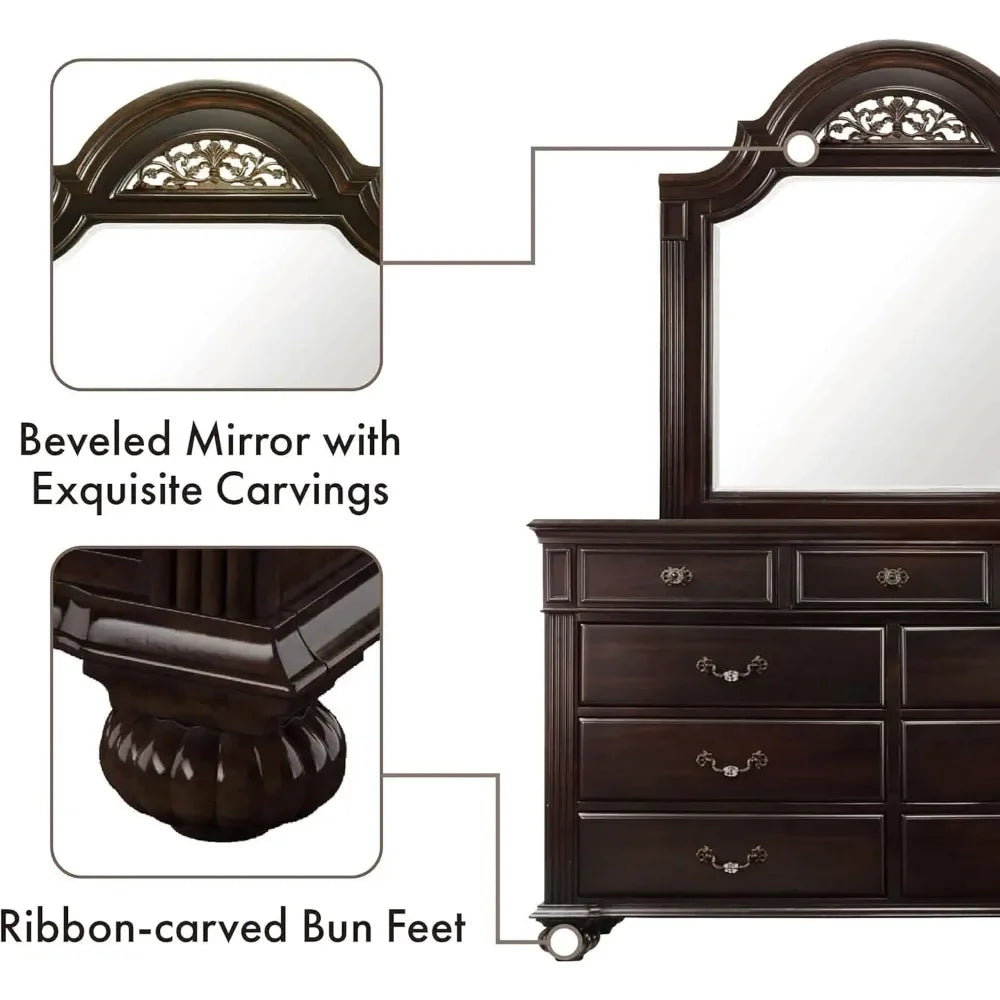 Solid Wood 6-Piece Bedroom Set With Chest And Mirrored Dresser