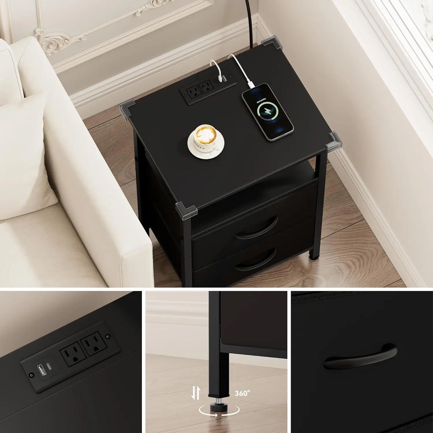 2-Piece Nightstand Set With LED Lights And Charging Station