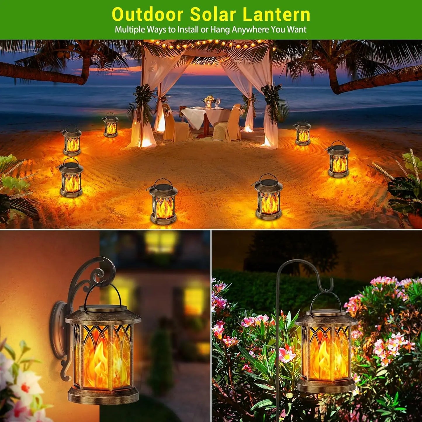 KPSTEK 2 Pack Flickering Flame Solar Lanterns Outdoor