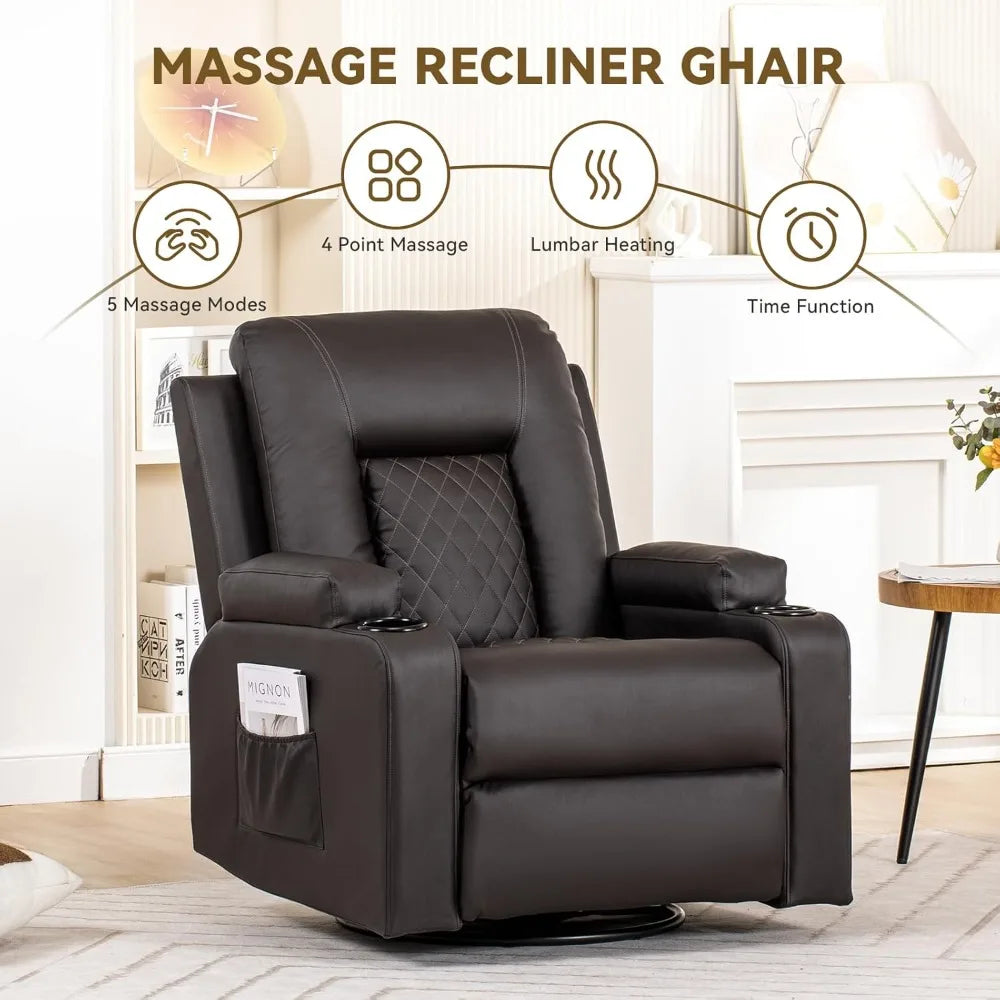 Adult Swivel Rocker Recliner With Massage Heat And Cup Holder