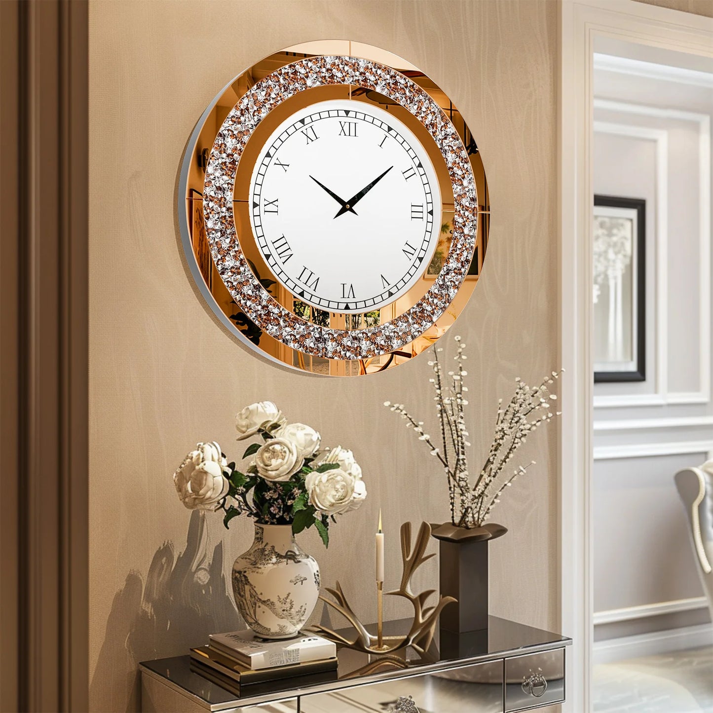 Round Mirrored Wall Clock With Crystal Sparkle Diamond Accents For Living Room