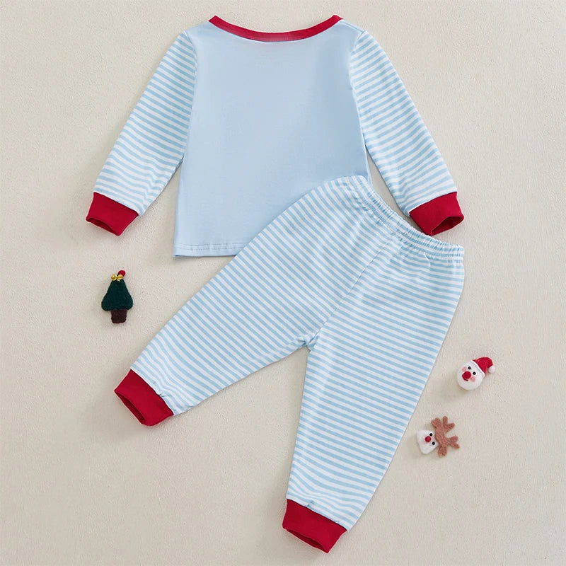 Pudcoco Christmas Toddler Unisex Santa Embroidered Sweatshirt Stripe Pants Set
