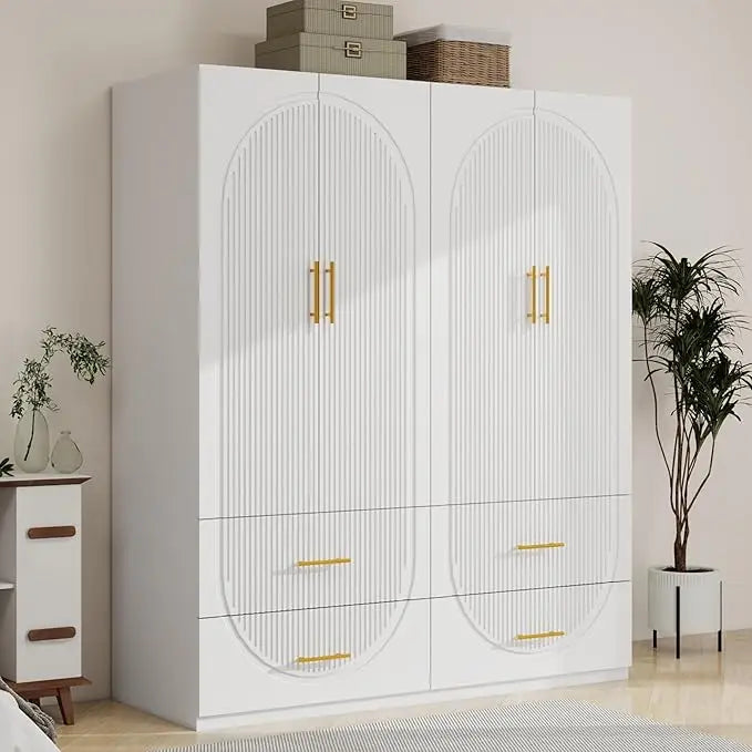 Armoire Wardrobe With 4 Doors 3 Drawers Mirror Hanging Rod