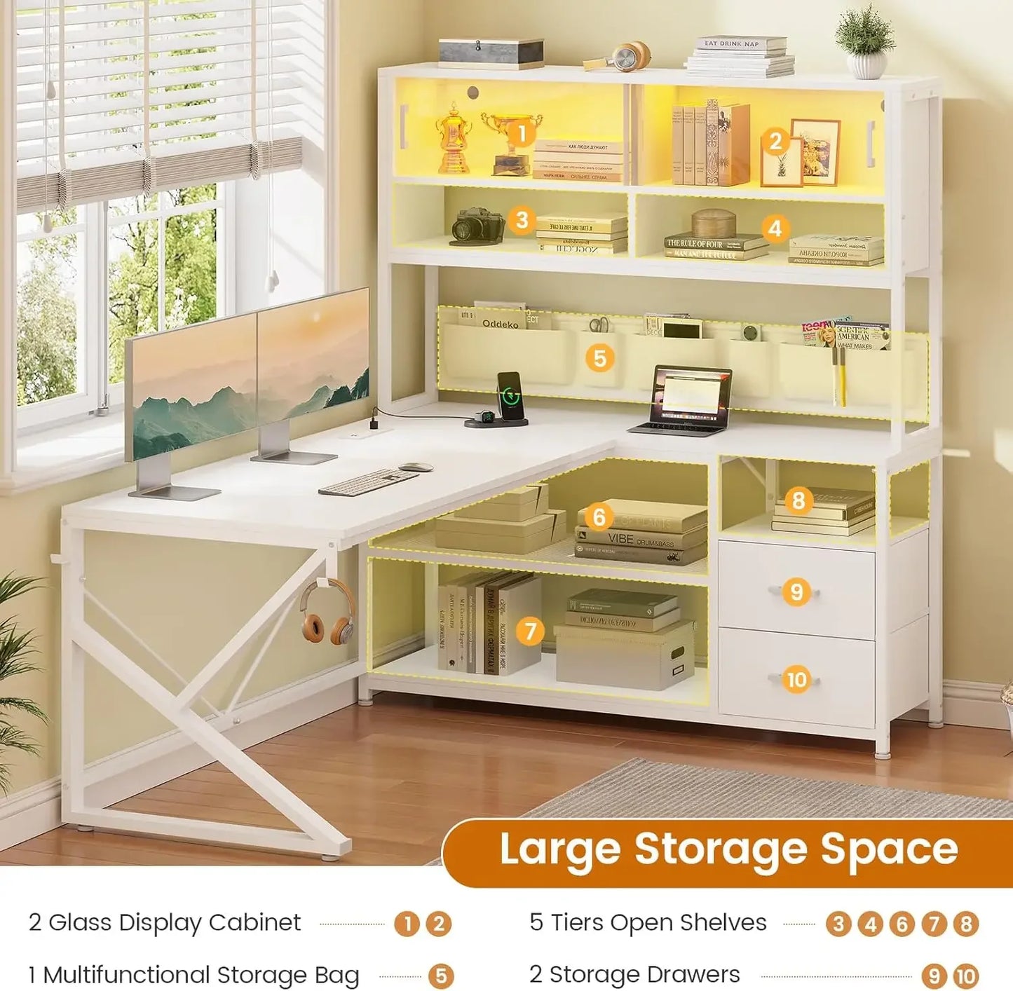 General Use L Shaped Gaming Desk With 2 Drawers Bookshelf