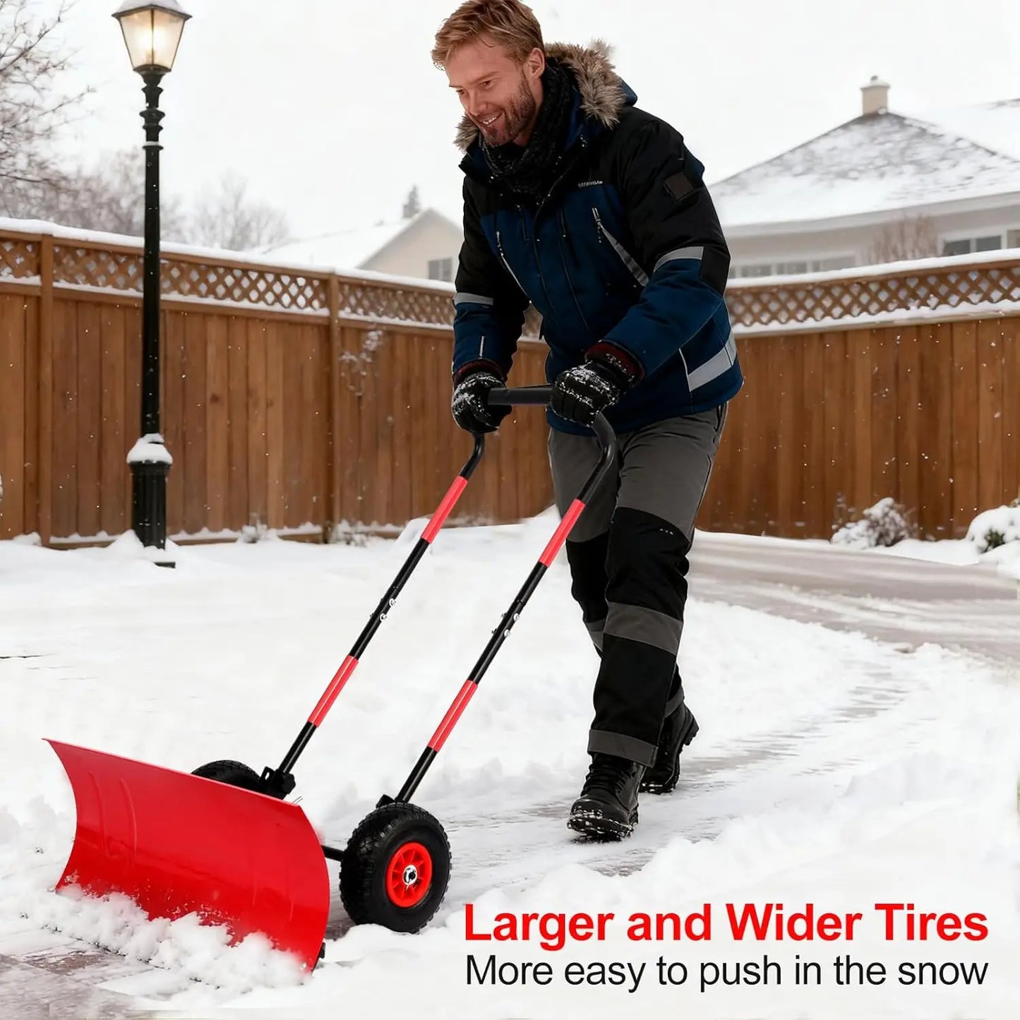 Snow Shovel With Wheels Metal Blade Adjustable Angled Handle