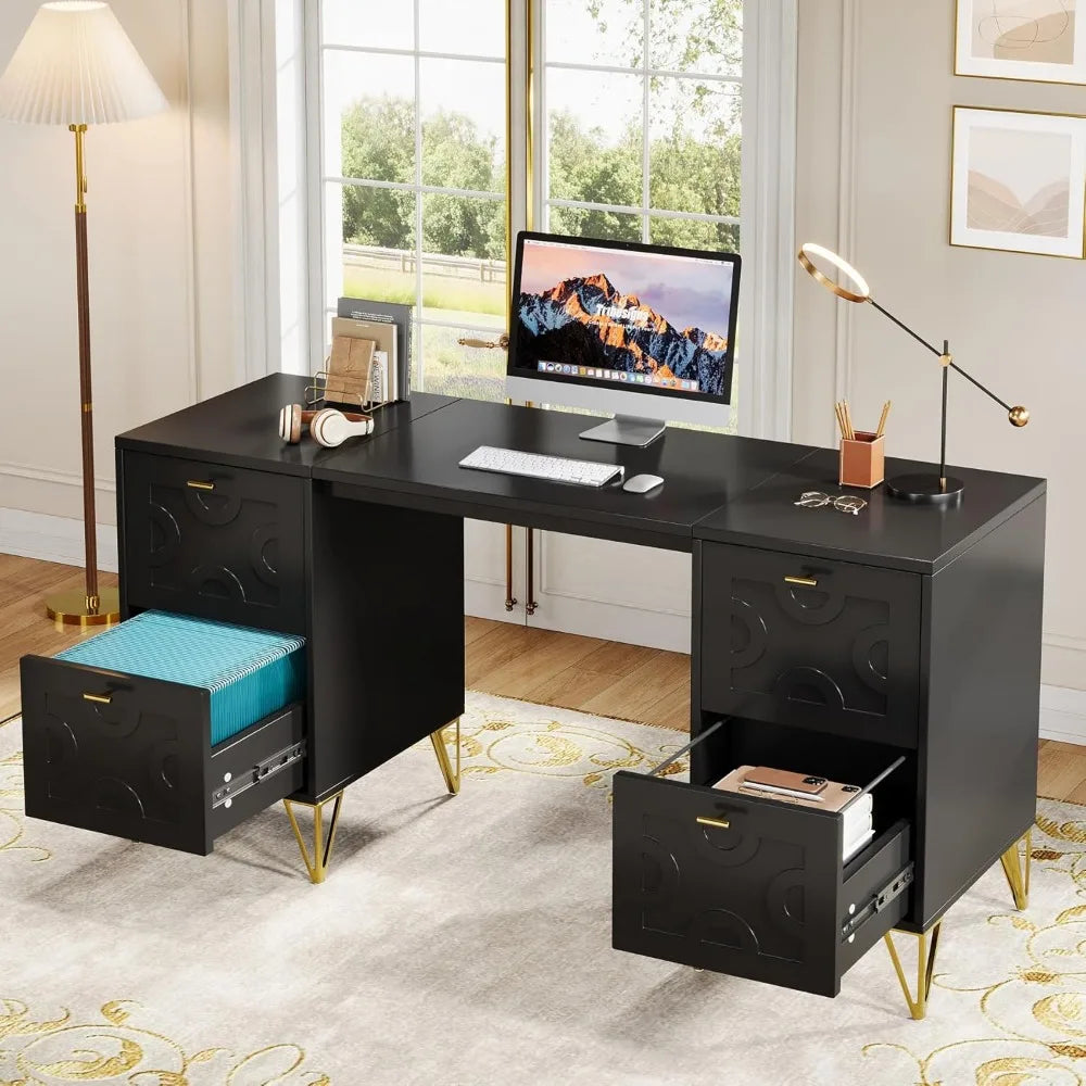 Black 59 Inch Executive Computer Desk With Four Drawers