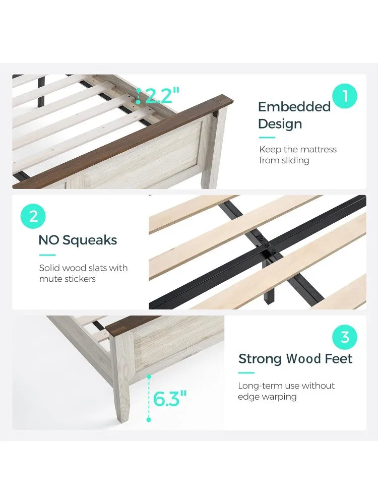 Hign-Concerned Farmhouse Bed Frame With Solid Wood Headboard