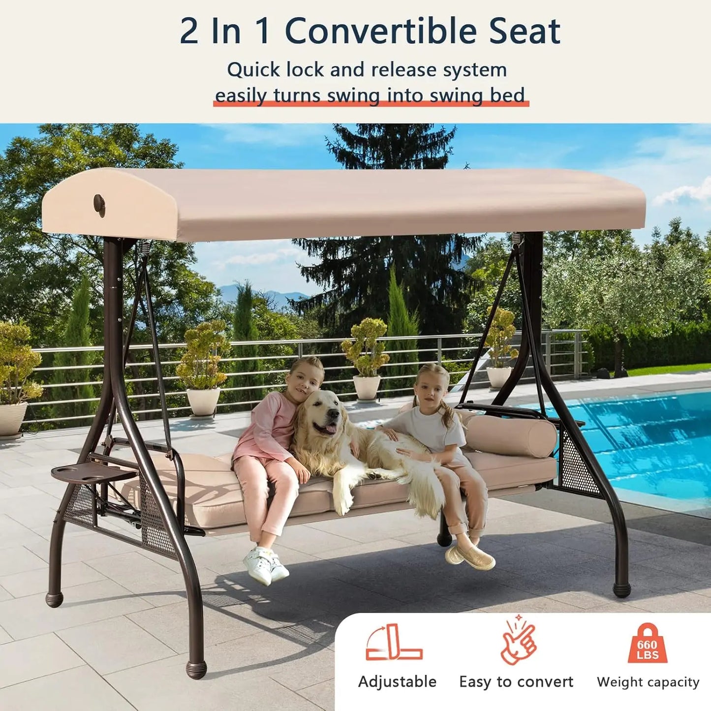 XMSJ Patio 3 Seat Outdoor Swing With Adjustable Canopy