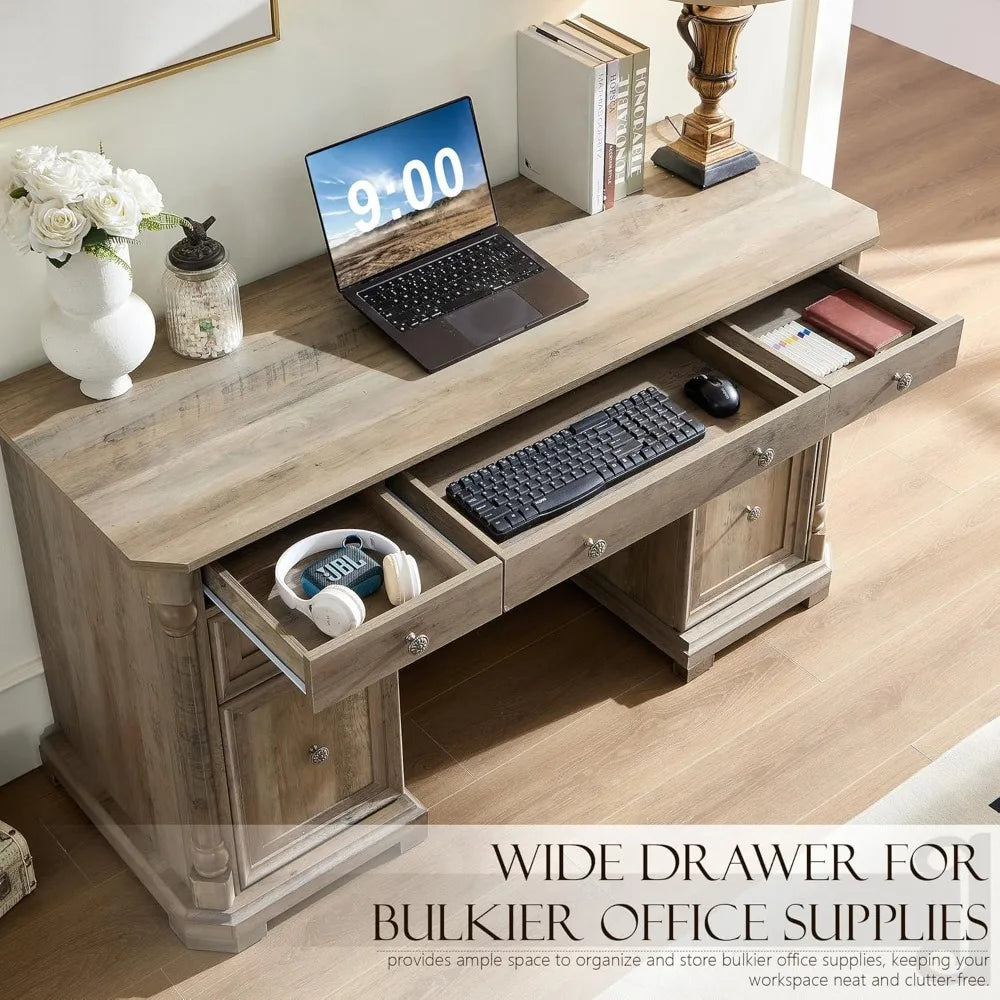 RBXC Wood Executive Desk With 7 Drawers Farmhouse Office