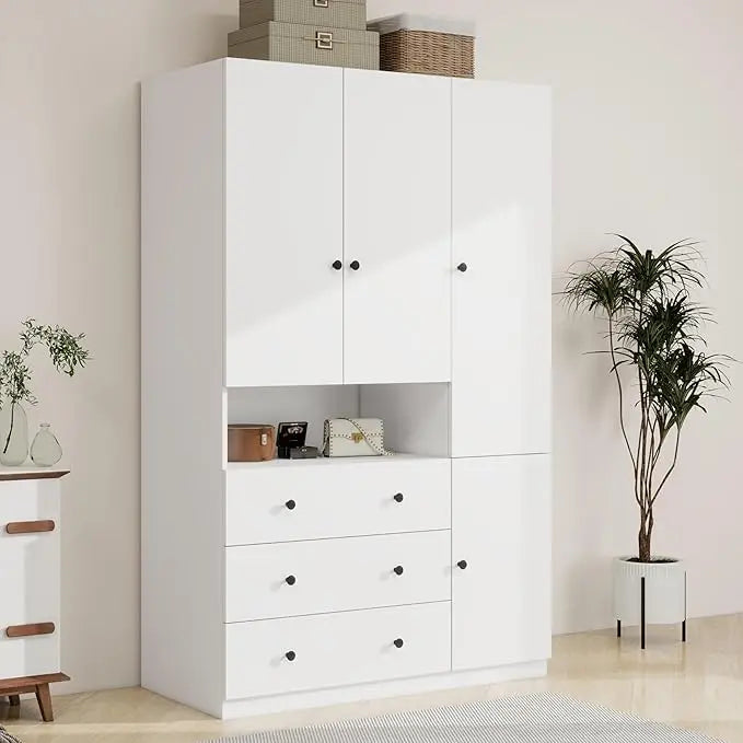 Armoire Wardrobe With 4 Doors 3 Drawers Mirror Hanging Rod
