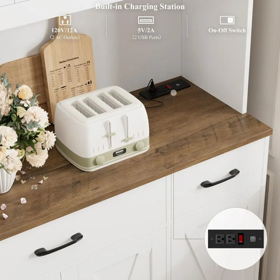 XMSJ Tall Pantry Cabinet With Charging Station And Countertop Storage