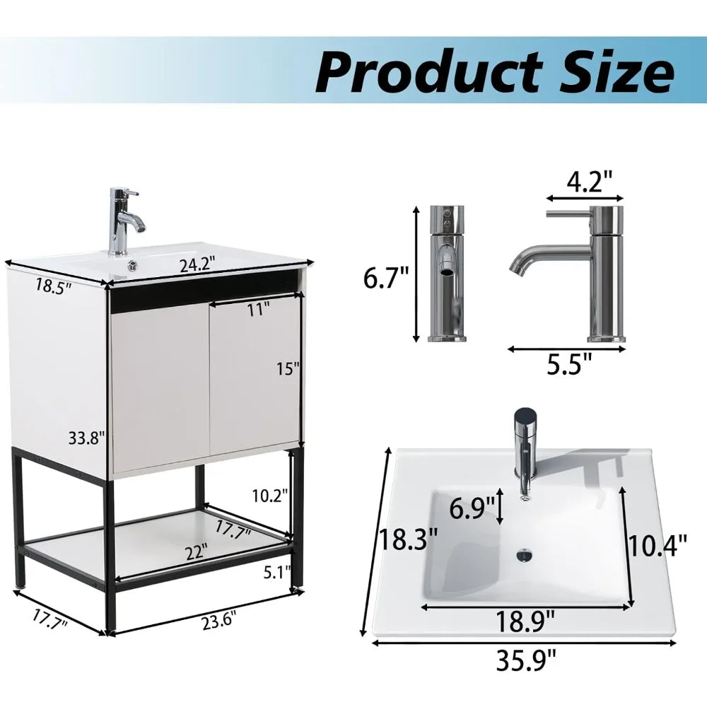 Ceramic Sink Vanity With Modern Chrome Faucet For Bathroom