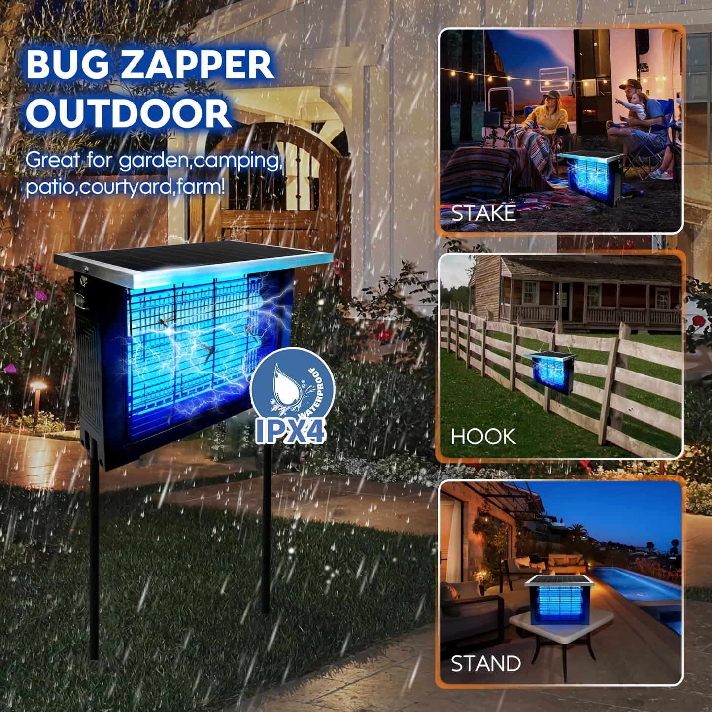 Outdoor Solar Bug Zapper Portable Rechargeable Mosquito Zapper High Powered