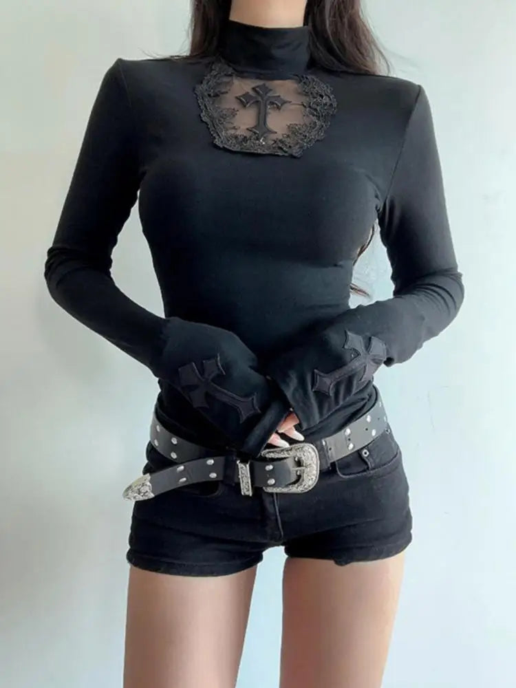 Yedinas Gothic Cross Graphic T Shirt Women Long Sleeve Tee