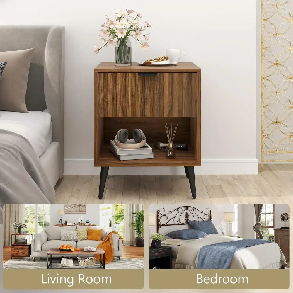 ANGDUO Fluted Nightstand With Drawer And Open Storage