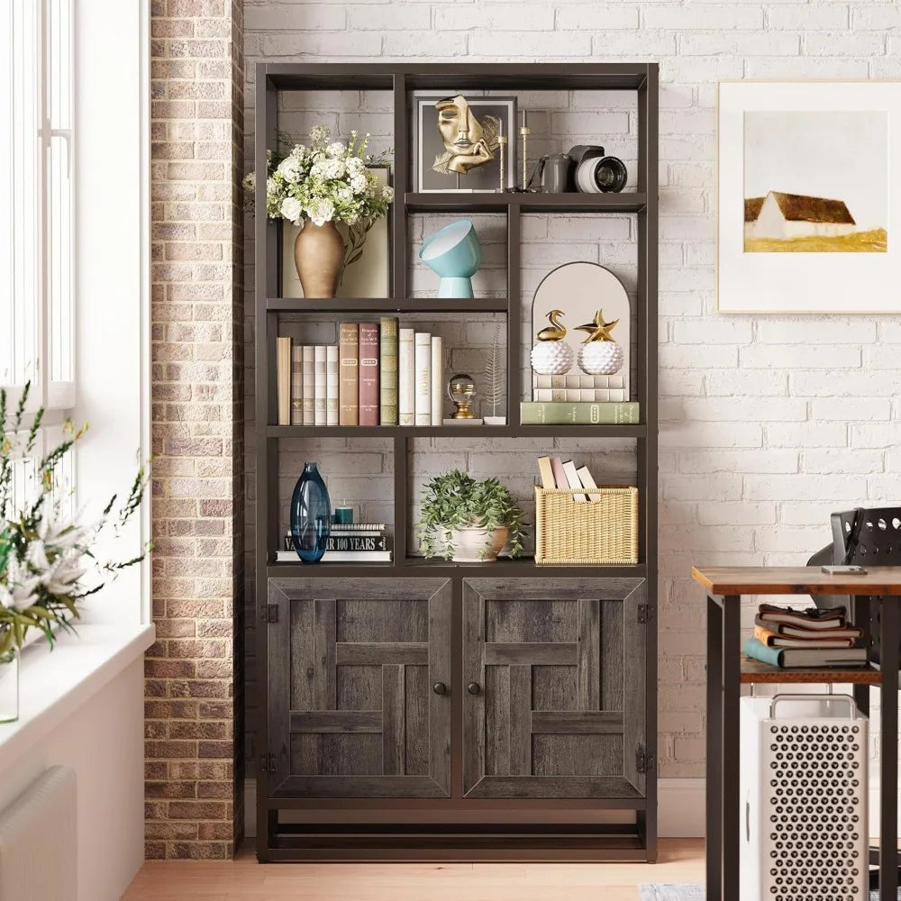 Ironck 6 Tier Tall Bookshelf With Doors Storage Cabinet