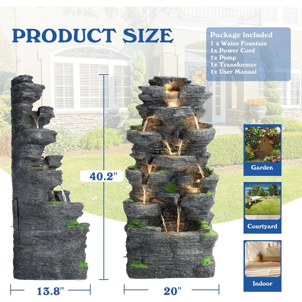 TOBYUL Garden Waterfall Fountain Resin LED Outdoor Decor