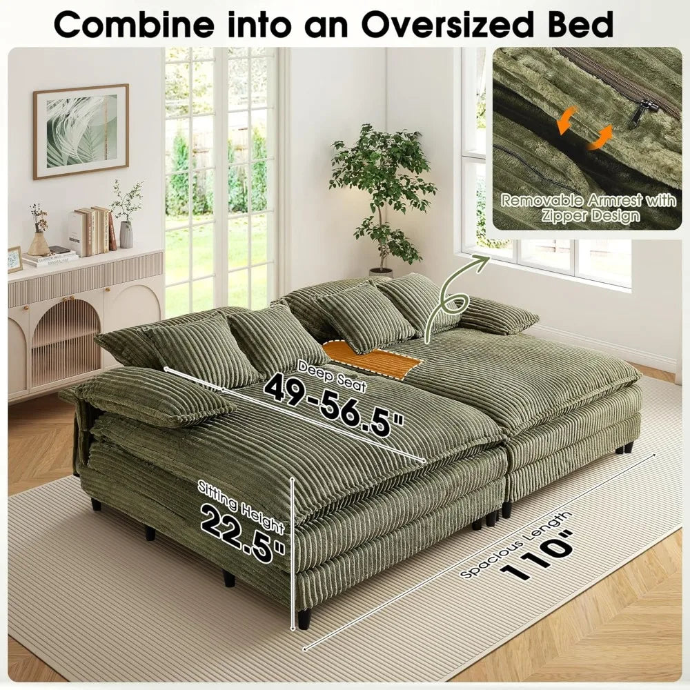 Corduroy Sleeper Sofa Chaise Lounge With 5-Position Backrest