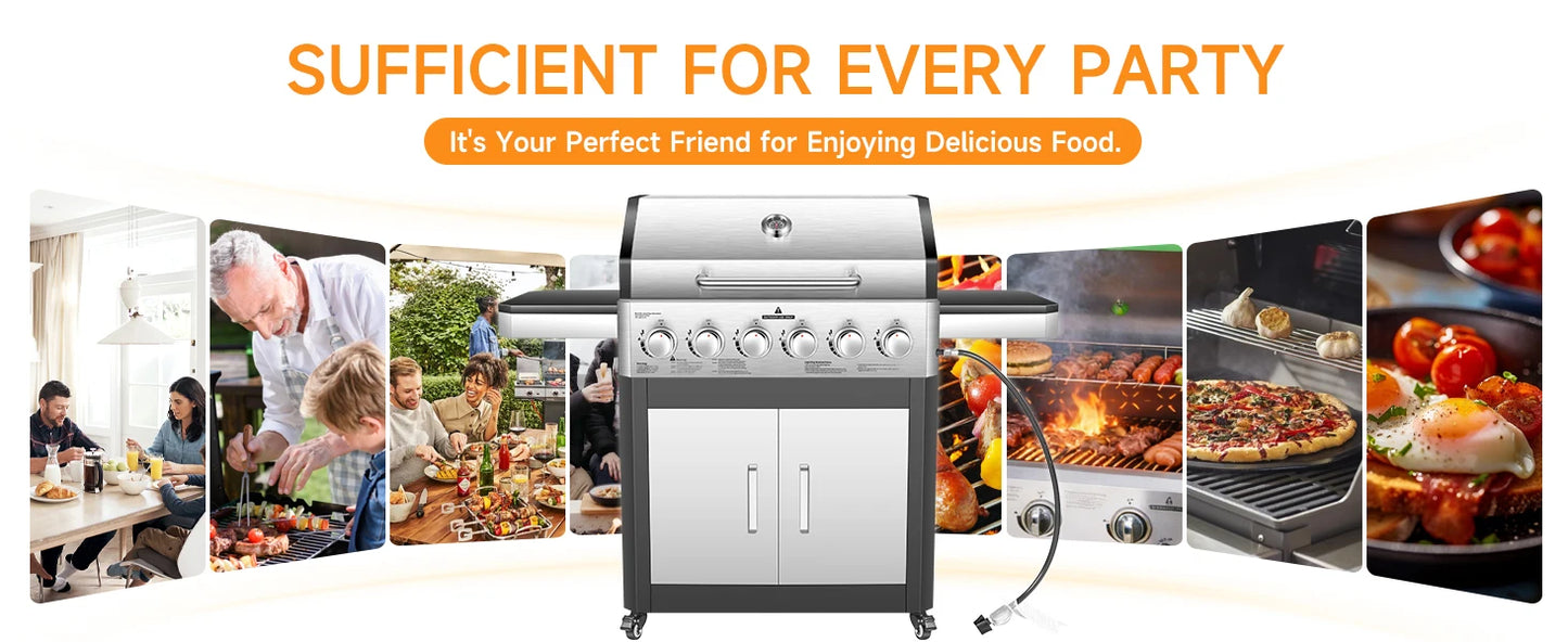 Six Burner Propane Gas Grill With Cabinet And Warming Rack