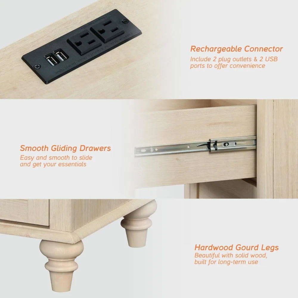 Ticify Set of 2 Nightstands With Charging Station Drawers