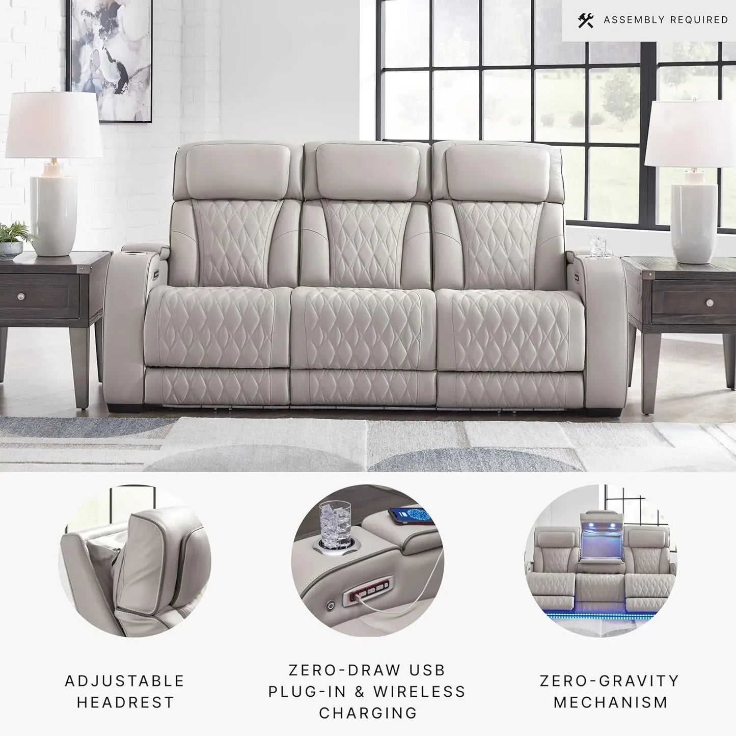 Contemporary Leather Match Power Reclining Sofa With USB Ports LED