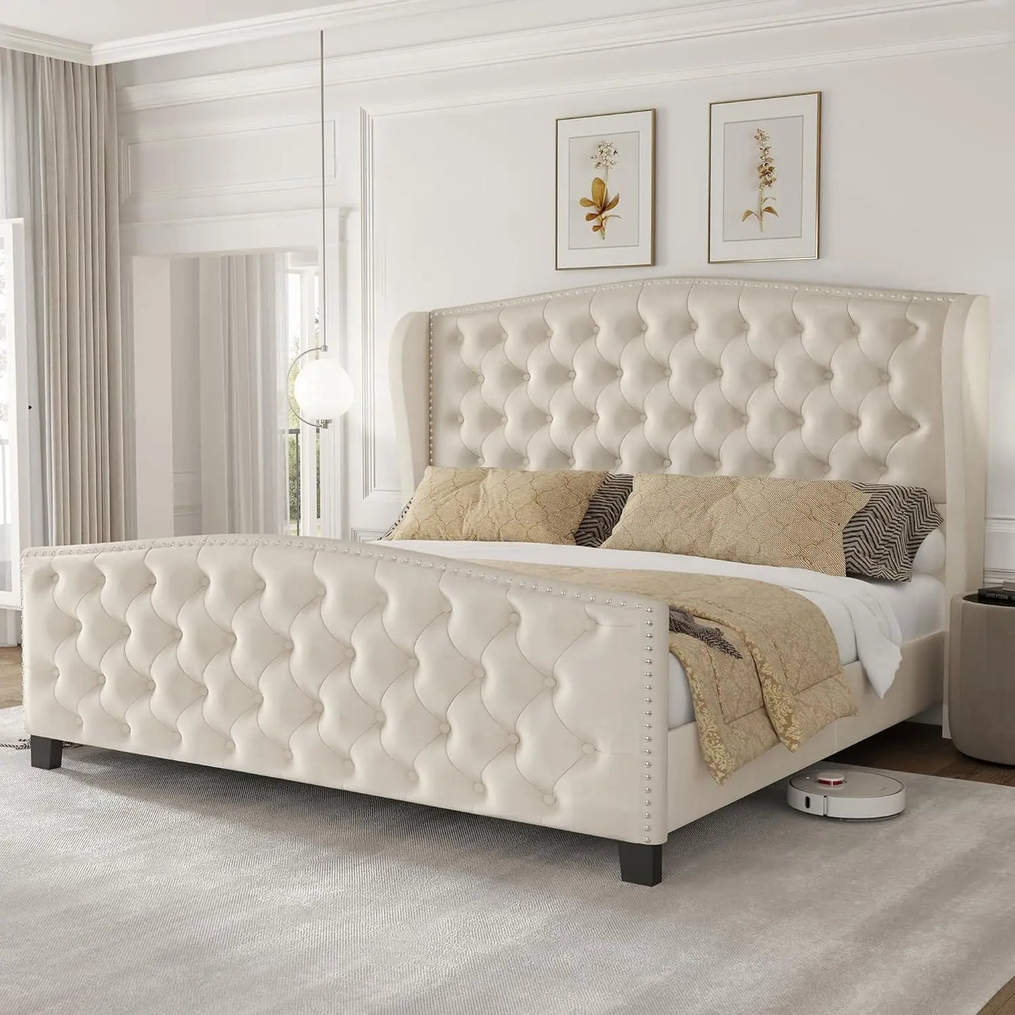 Velvet Platform Bed With Wingback Headboard Tufted Wood Slats