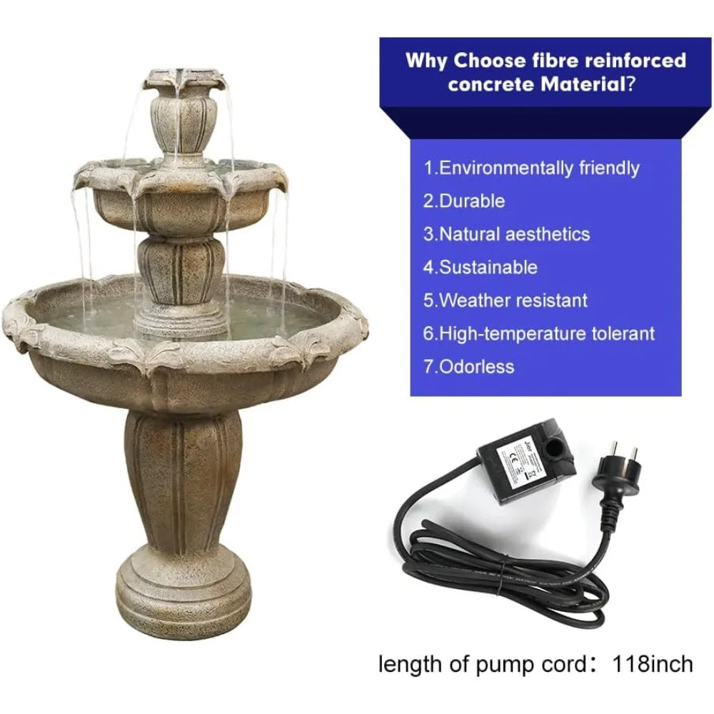 Modern Concrete Outdoor Water Fountain 3 Tier Floor Waterfall Pump