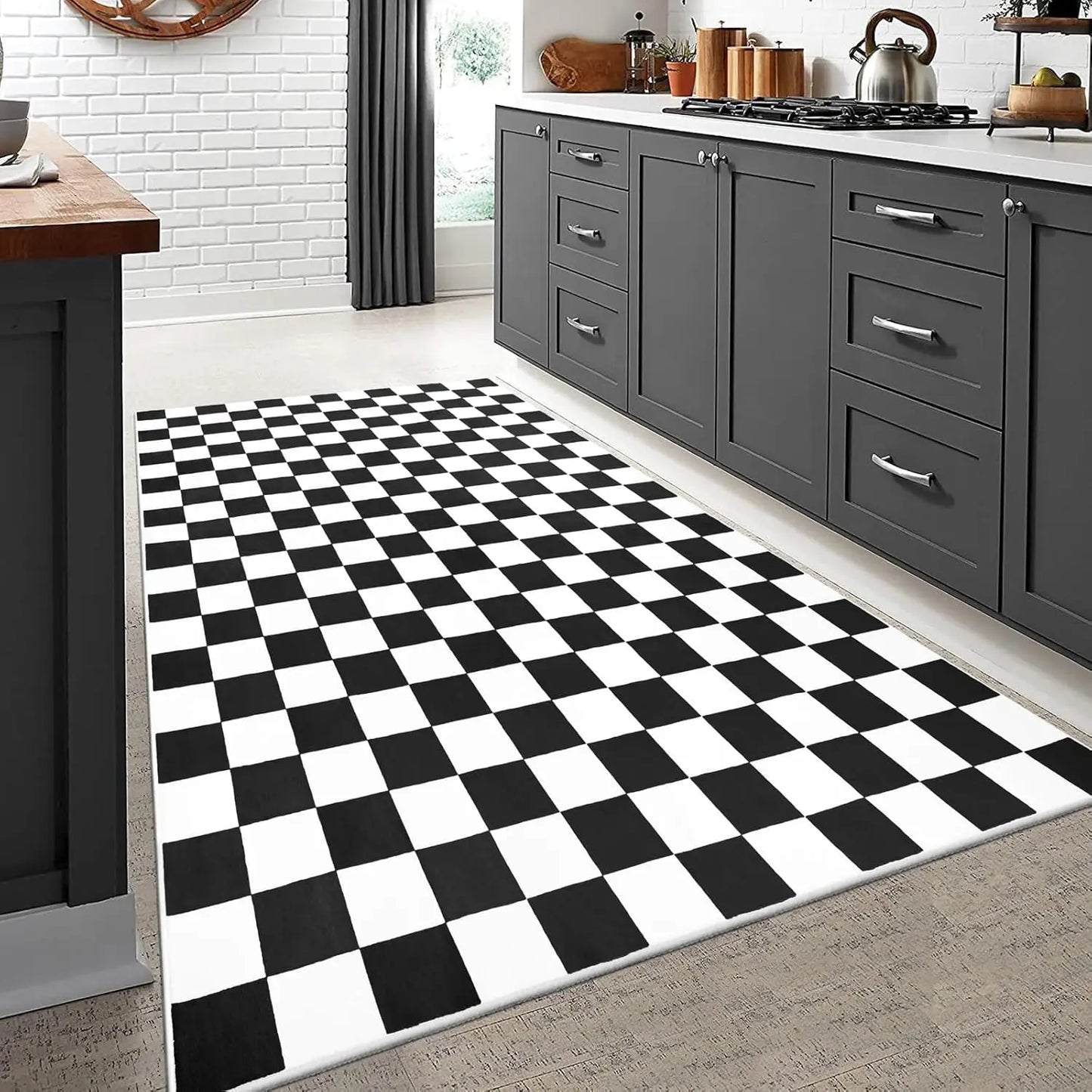 Noahas Checkered Geometric Rug Non Slip Low Pile Washable