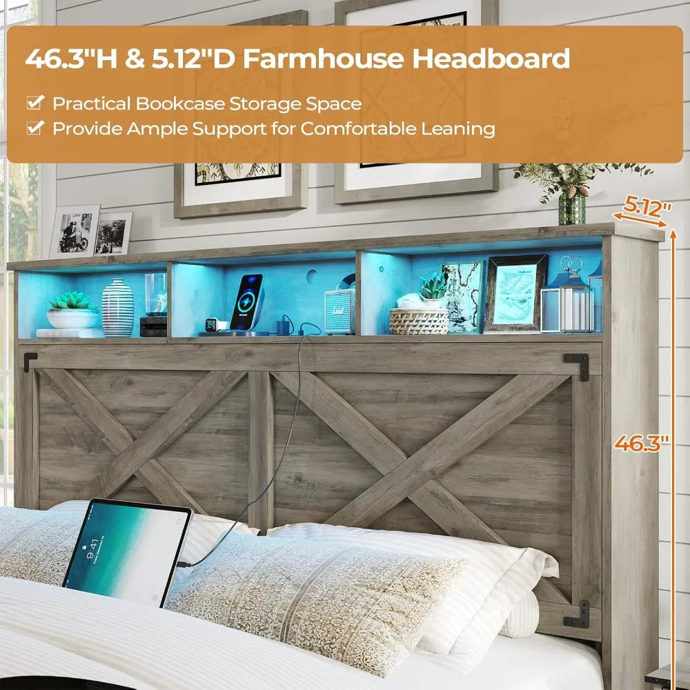 Angduo Farmhouse Bed Frame With Storage And Led Lights