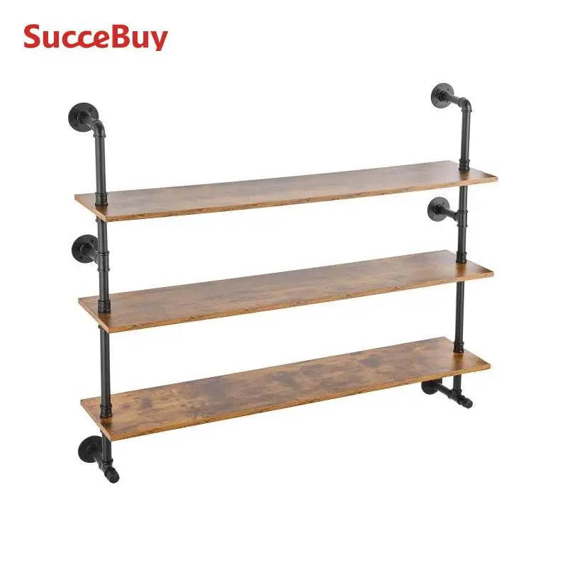 SucceBuy Industrial Pipe Shelving Wall Mount Wood Shelves